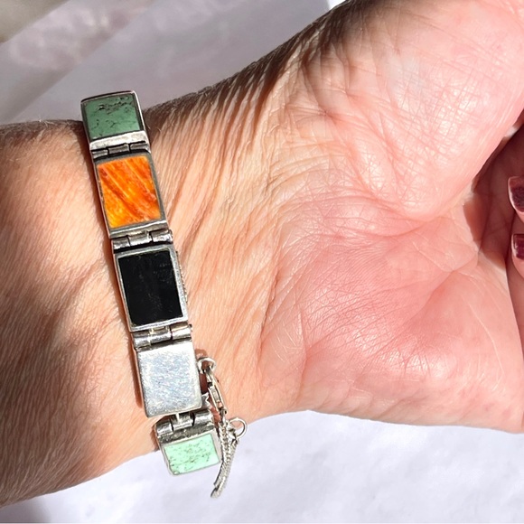 Vintage Taxco Sterling Silver Multiple Gemstone Rect. Panel Bracelet Reversible - Picture 14 of 17